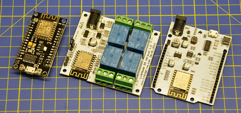 Schede basate su ESP8266. Da sinistra verso destra: NodeMCU DevKit generico, Linknode R4, Linknode D1